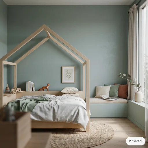 Ideogram 4.5: Minimalist kids bedroom with a house-shaped bed frame, sage green walls, a reading nook with cushions, wooden toys, soft morning light, photorealistic render