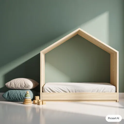 Kling 3.0 Image: Minimalist kids bedroom with a house-shaped bed frame, sage green walls, a reading nook with cushions, wooden toys, soft morning light, photorealistic render