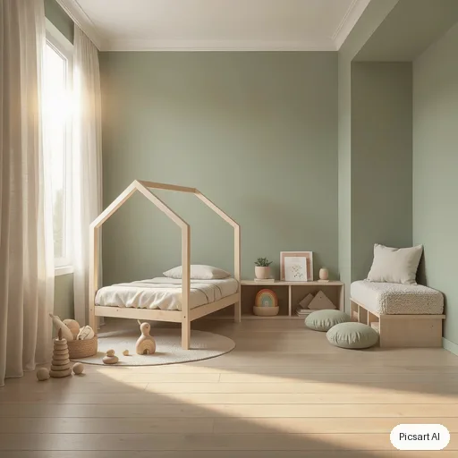 Luma UNI-1: Minimalist kids bedroom with a house-shaped bed frame, sage green walls, a reading nook with cushions, wooden toys, soft morning light, photorealistic render