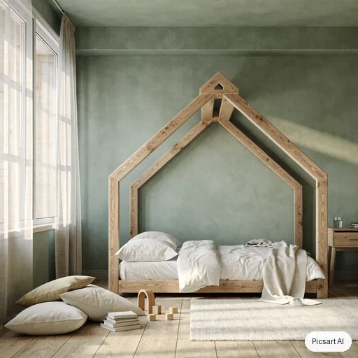 Recraft V4.1: Minimalist kids bedroom with a house-shaped bed frame, sage green walls, a reading nook with cushions, wooden toys, soft morning light, photorealistic render