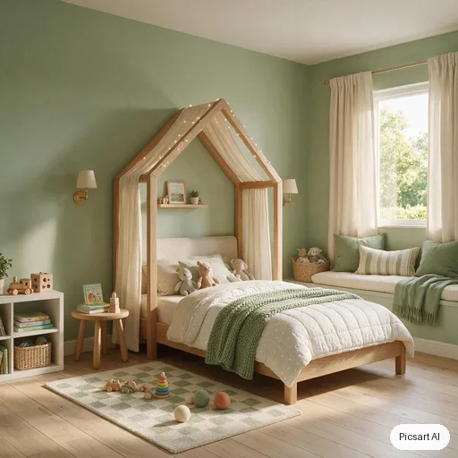 Seedream 5.0 Pro: Minimalist kids bedroom with a house-shaped bed frame, sage green walls, a reading nook with cushions, wooden toys, soft morning light, photorealistic render
