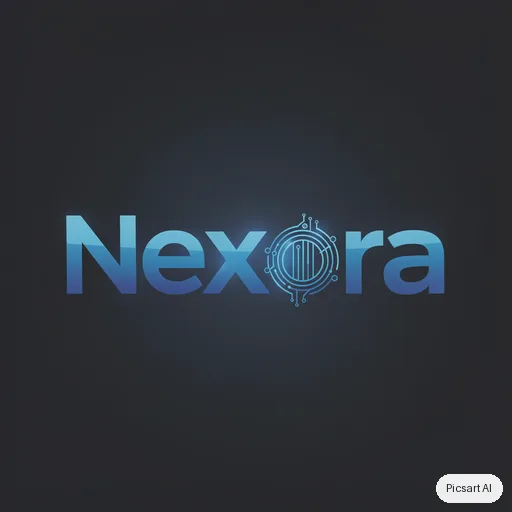 Flux 2 Pro: Tech startup logo, the word "Nexora" in a bold custom sans-serif with a subtle circuit motif in the letter o, electric blue gradient, dark background