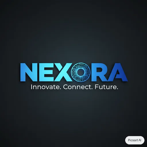 Nano Banana: Tech startup logo, the word "Nexora" in a bold custom sans-serif with a subtle circuit motif in the letter o, electric blue gradient, dark background