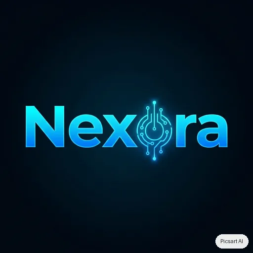 Nano Banana Pro: Tech startup logo, the word "Nexora" in a bold custom sans-serif with a subtle circuit motif in the letter o, electric blue gradient, dark background