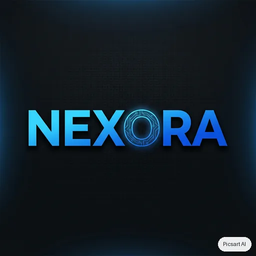 Nano Banana 2: Tech startup logo, the word "Nexora" in a bold custom sans-serif with a subtle circuit motif in the letter o, electric blue gradient, dark background