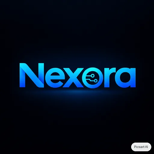 GPT Image 2.5 Sunburst: Tech startup logo, the word "Nexora" in a bold custom sans-serif with a subtle circuit motif in the letter o, electric blue gradient, dark background