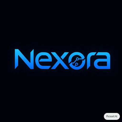 GPT Image 2: Tech startup logo, the word "Nexora" in a bold custom sans-serif with a subtle circuit motif in the letter o, electric blue gradient, dark background