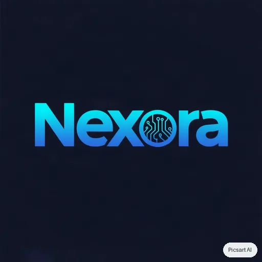 Hunyuan V3: Tech startup logo, the word "Nexora" in a bold custom sans-serif with a subtle circuit motif in the letter o, electric blue gradient, dark background