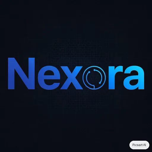 Ideogram 4.5: Tech startup logo, the word "Nexora" in a bold custom sans-serif with a subtle circuit motif in the letter o, electric blue gradient, dark background