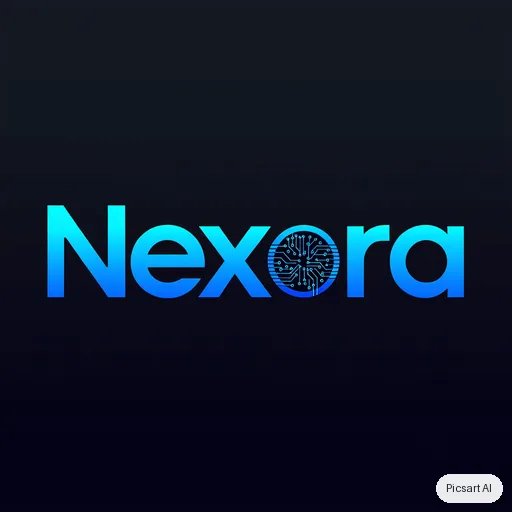 Kling 3.0 Image: Tech startup logo, the word "Nexora" in a bold custom sans-serif with a subtle circuit motif in the letter o, electric blue gradient, dark background
