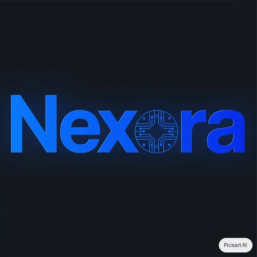 Luma UNI-1: Tech startup logo, the word "Nexora" in a bold custom sans-serif with a subtle circuit motif in the letter o, electric blue gradient, dark background