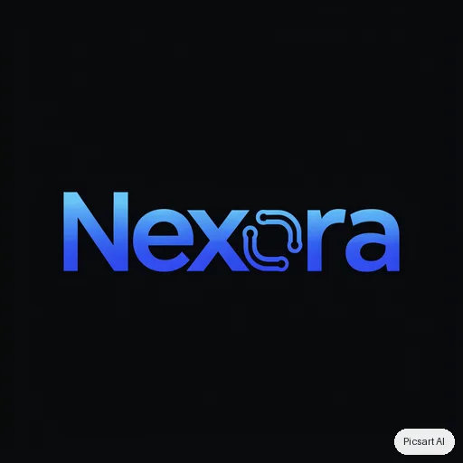 Recraft V4.1: Tech startup logo, the word "Nexora" in a bold custom sans-serif with a subtle circuit motif in the letter o, electric blue gradient, dark background