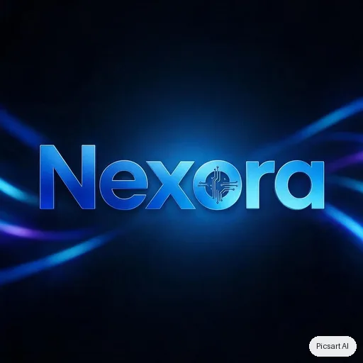 Seedream 5.0 Pro: Tech startup logo, the word "Nexora" in a bold custom sans-serif with a subtle circuit motif in the letter o, electric blue gradient, dark background