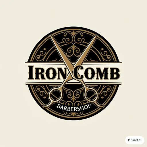 Flux 2 Pro: Vintage barbershop badge logo with crossed scissors and the text "Iron Comb", black and gold, circular emblem