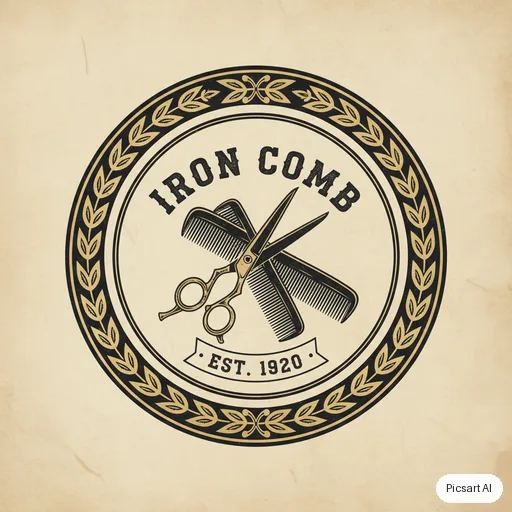Nano Banana: Vintage barbershop badge logo with crossed scissors and the text "Iron Comb", black and gold, circular emblem