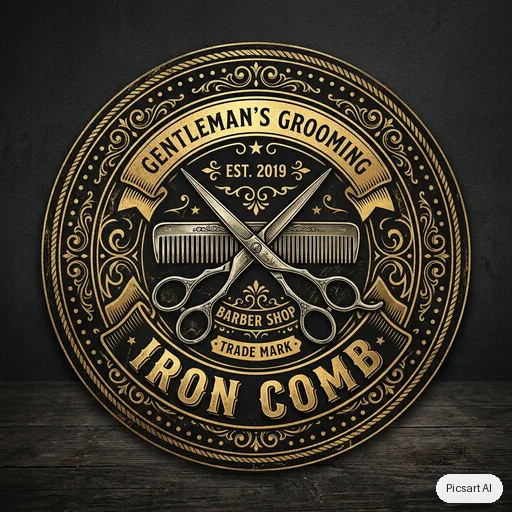 Nano Banana 2: Vintage barbershop badge logo with crossed scissors and the text "Iron Comb", black and gold, circular emblem