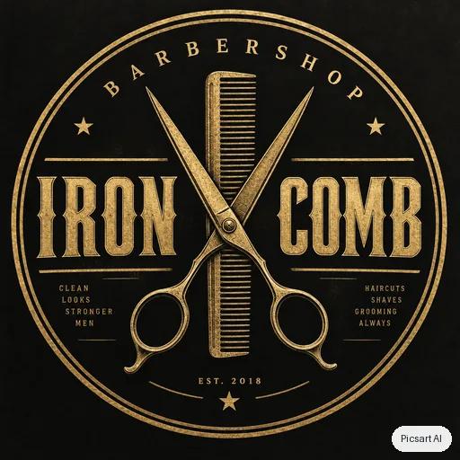 GPT Image 2.5 Sunburst: Vintage barbershop badge logo with crossed scissors and the text "Iron Comb", black and gold, circular emblem