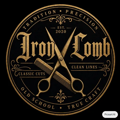 GPT Image 2: Vintage barbershop badge logo with crossed scissors and the text "Iron Comb", black and gold, circular emblem
