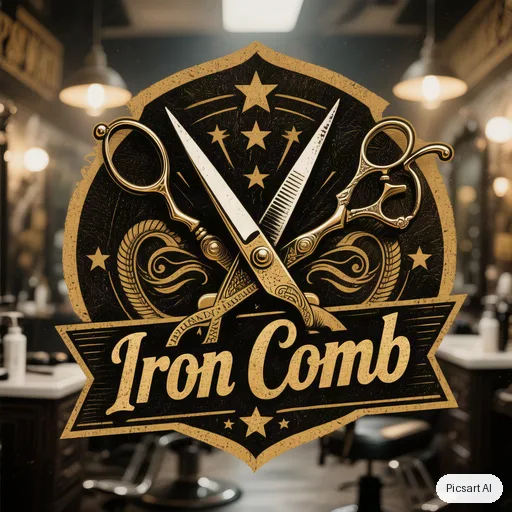 Hunyuan V3: Vintage barbershop badge logo with crossed scissors and the text "Iron Comb", black and gold, circular emblem