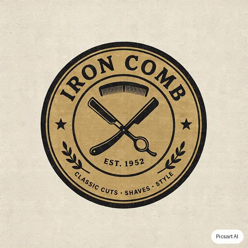 Ideogram 4.5: Vintage barbershop badge logo with crossed scissors and the text "Iron Comb", black and gold, circular emblem