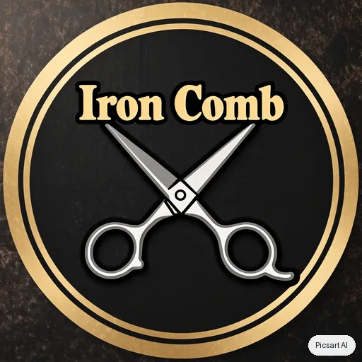 Kling 3.0 Image: Vintage barbershop badge logo with crossed scissors and the text "Iron Comb", black and gold, circular emblem