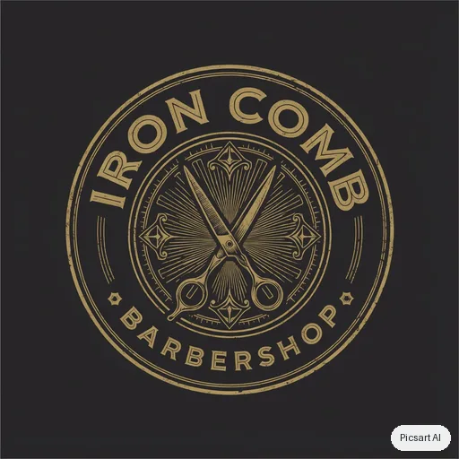 Luma UNI-1: Vintage barbershop badge logo with crossed scissors and the text "Iron Comb", black and gold, circular emblem
