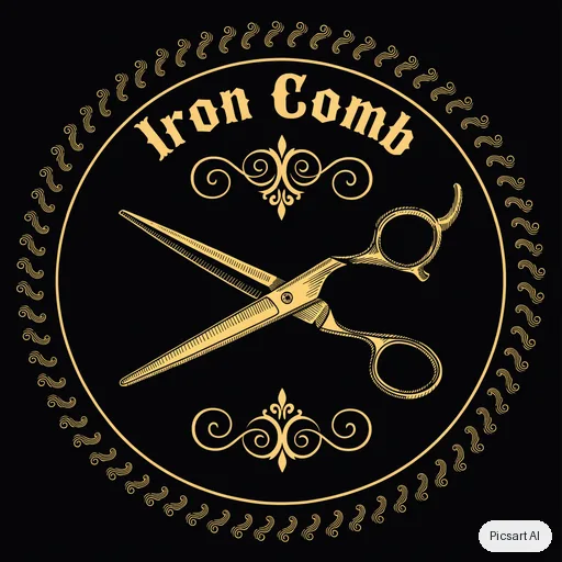 Recraft V4.1: Vintage barbershop badge logo with crossed scissors and the text "Iron Comb", black and gold, circular emblem