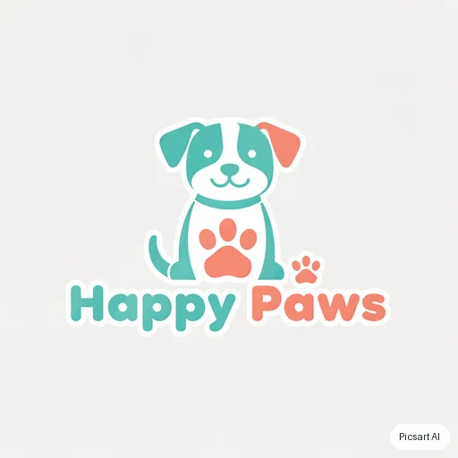 Flux 2 Pro: Playful logo for a dog grooming salon called "Happy Paws", a smiling dog silhouette, rounded friendly letters, teal and coral
