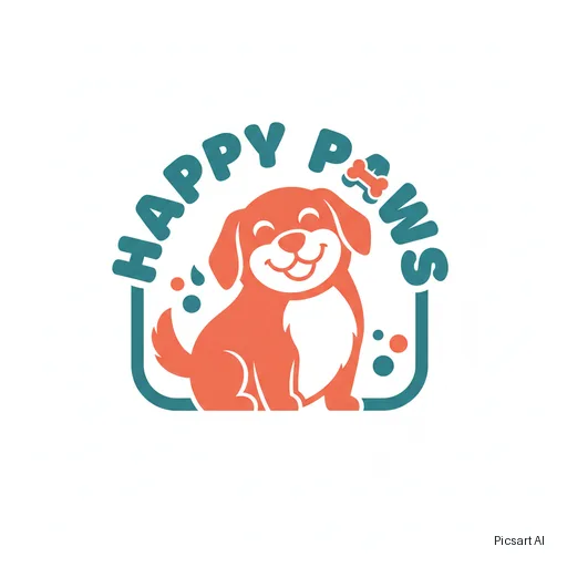 Nano Banana: Playful logo for a dog grooming salon called "Happy Paws", a smiling dog silhouette, rounded friendly letters, teal and coral