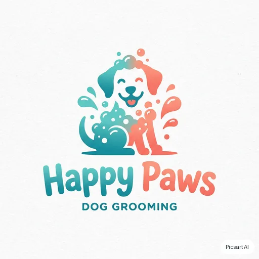 Nano Banana Pro: Playful logo for a dog grooming salon called "Happy Paws", a smiling dog silhouette, rounded friendly letters, teal and coral