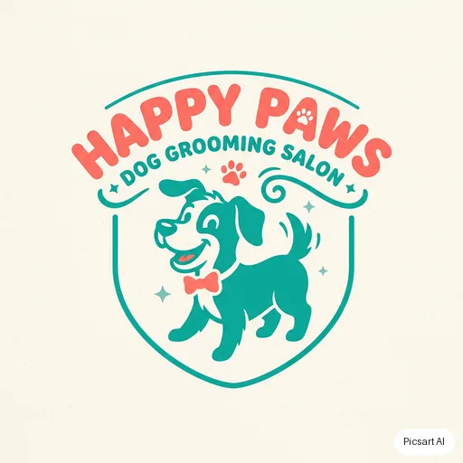 Nano Banana 2: Playful logo for a dog grooming salon called "Happy Paws", a smiling dog silhouette, rounded friendly letters, teal and coral