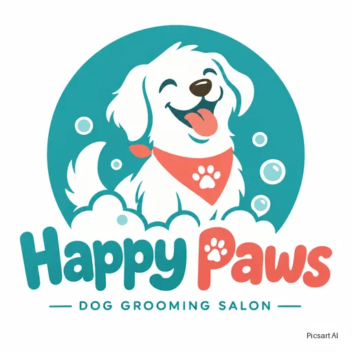 GPT Image 2.5 Sunburst: Playful logo for a dog grooming salon called "Happy Paws", a smiling dog silhouette, rounded friendly letters, teal and coral