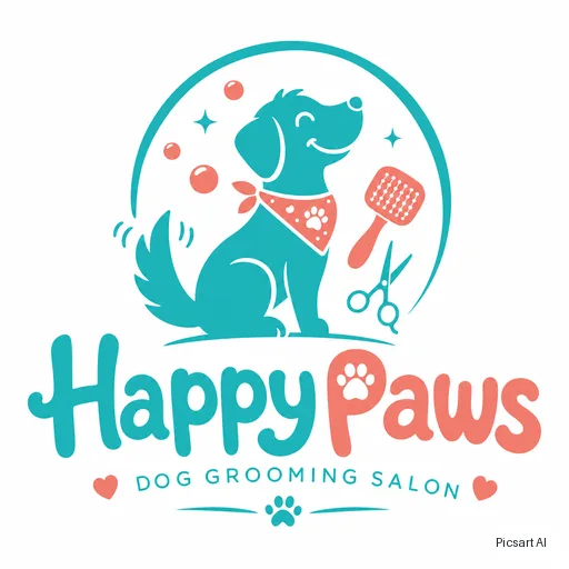 GPT Image 2: Playful logo for a dog grooming salon called "Happy Paws", a smiling dog silhouette, rounded friendly letters, teal and coral
