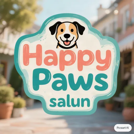 Hunyuan V3: Playful logo for a dog grooming salon called "Happy Paws", a smiling dog silhouette, rounded friendly letters, teal and coral