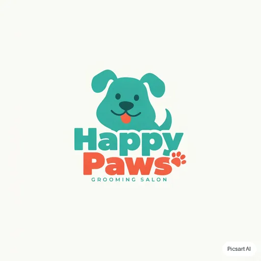 Ideogram 4.5: Playful logo for a dog grooming salon called "Happy Paws", a smiling dog silhouette, rounded friendly letters, teal and coral