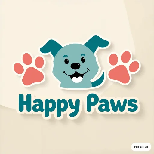 Kling 3.0 Image: Playful logo for a dog grooming salon called "Happy Paws", a smiling dog silhouette, rounded friendly letters, teal and coral