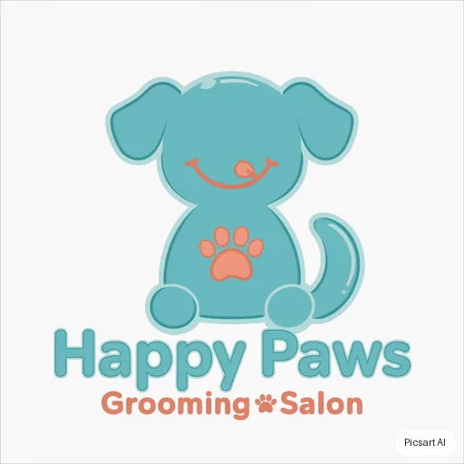 Luma UNI-1: Playful logo for a dog grooming salon called "Happy Paws", a smiling dog silhouette, rounded friendly letters, teal and coral