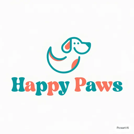Recraft V4.1: Playful logo for a dog grooming salon called "Happy Paws", a smiling dog silhouette, rounded friendly letters, teal and coral