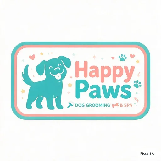 Seedream 5.0 Pro: Playful logo for a dog grooming salon called "Happy Paws", a smiling dog silhouette, rounded friendly letters, teal and coral
