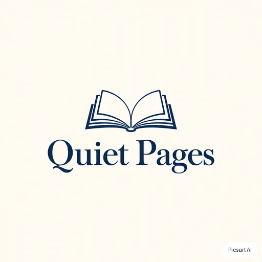 GPT Image 2.5 Sunburst: Elegant monogram-style logo for a bookshop, the name "Quiet Pages" in a classic serif under a small open-book icon, navy on cream