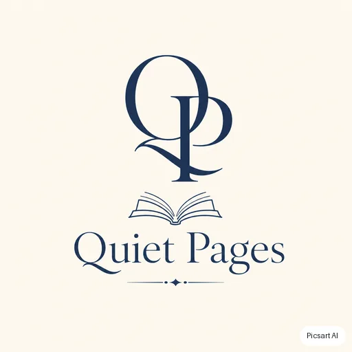 GPT Image 2: Elegant monogram-style logo for a bookshop, the name "Quiet Pages" in a classic serif under a small open-book icon, navy on cream