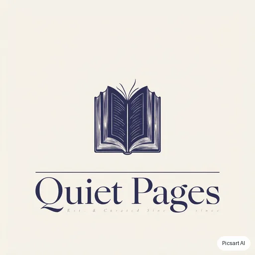 Luma UNI-1: Elegant monogram-style logo for a bookshop, the name "Quiet Pages" in a classic serif under a small open-book icon, navy on cream