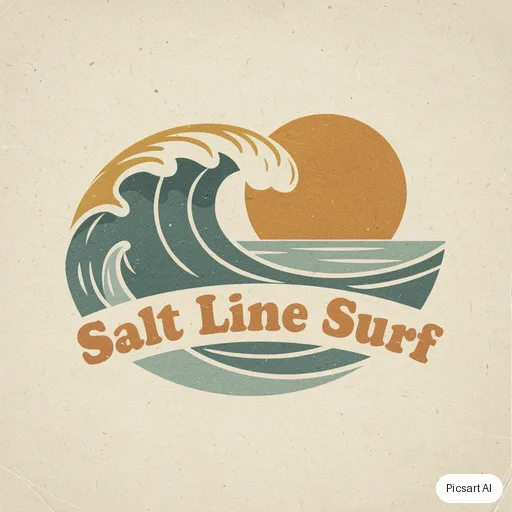 Flux 2 Pro: surf school logo, wave + sun, says "Salt Line Surf", retro 70s colours