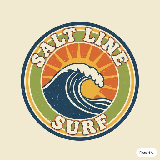 Nano Banana: surf school logo, wave + sun, says "Salt Line Surf", retro 70s colours
