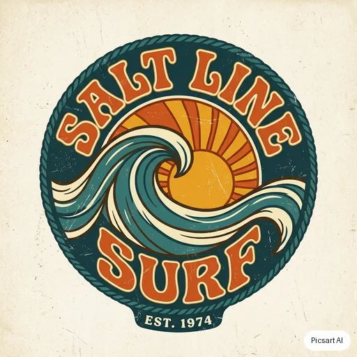 Nano Banana 2: surf school logo, wave + sun, says "Salt Line Surf", retro 70s colours