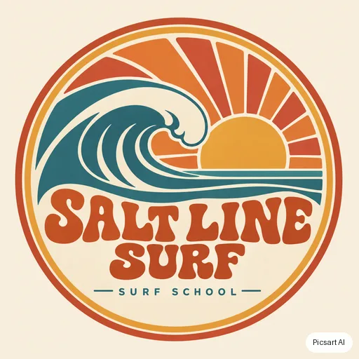 GPT Image 2.5 Sunburst: surf school logo, wave + sun, says "Salt Line Surf", retro 70s colours