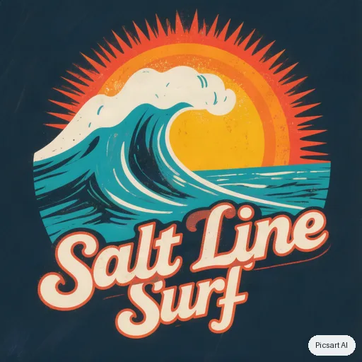 Hunyuan V3: surf school logo, wave + sun, says "Salt Line Surf", retro 70s colours