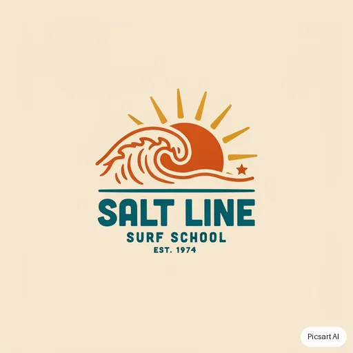 Ideogram 4.5: surf school logo, wave + sun, says "Salt Line Surf", retro 70s colours