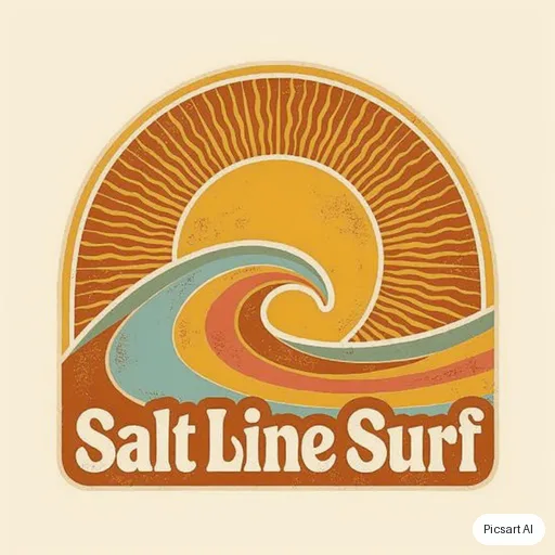 Luma UNI-1: surf school logo, wave + sun, says "Salt Line Surf", retro 70s colours