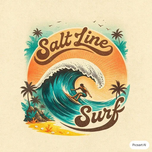 Seedream 5.0 Pro: surf school logo, wave + sun, says "Salt Line Surf", retro 70s colours